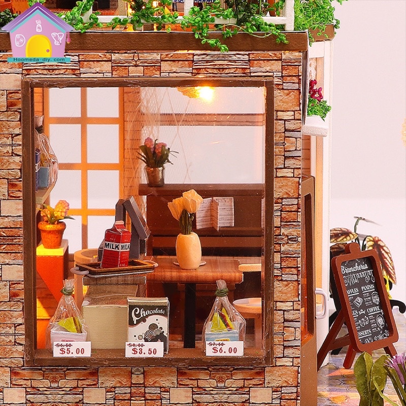 (Tặng mica,keo sữa,đèn)Nhà búp bê bé tự lắp ráp đô chơi Mô hình gỗ diy doll house tiệm cafe M906