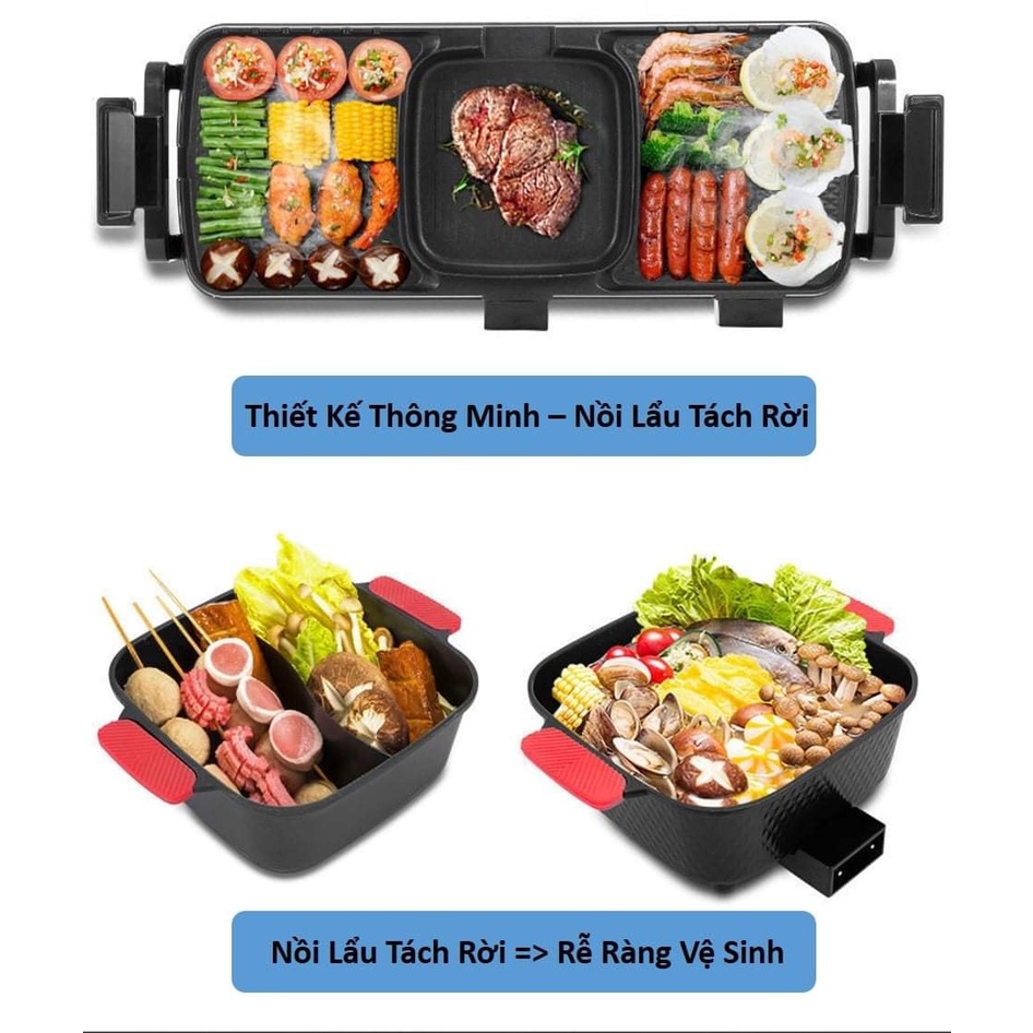 Nồi lẩu nướng 2 ngăn, 3 ngăn kích thước lớn, nồi lẩu to, công xuất 2700W, tiết kiệm điện năng, an toàn sức khỏe