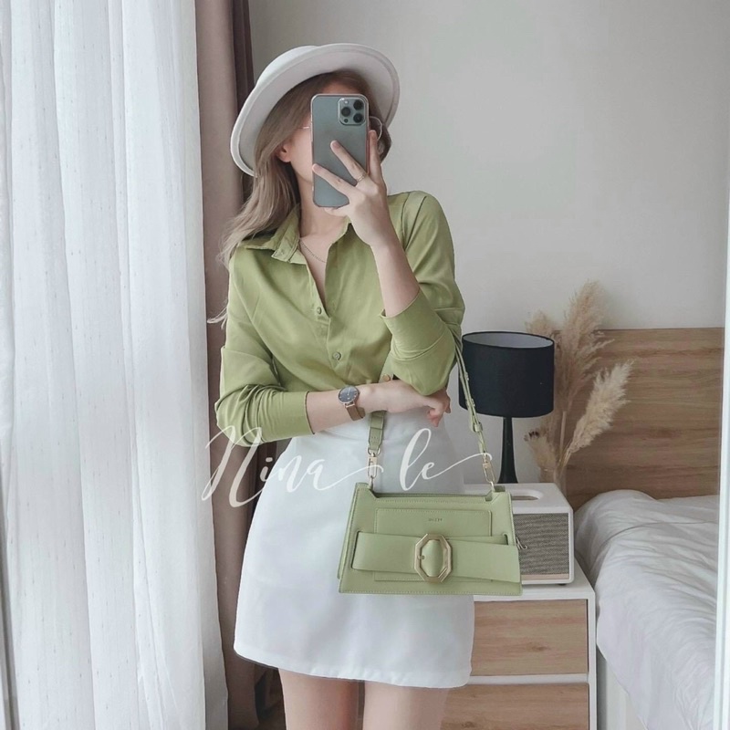 Sét váy thời trang nữ mặc đi chơi áo chất đũi sơ mi tay dài xanh mạ mix chân váy chữ a có lót cotton lạnh