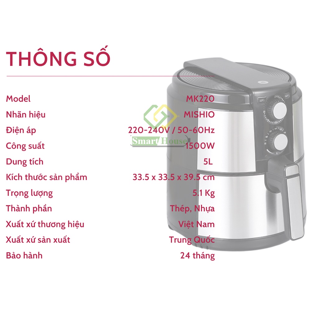 Nồi Chiên Không Dầu 5L Mishio MK220 Vỏ Inox - Smart House