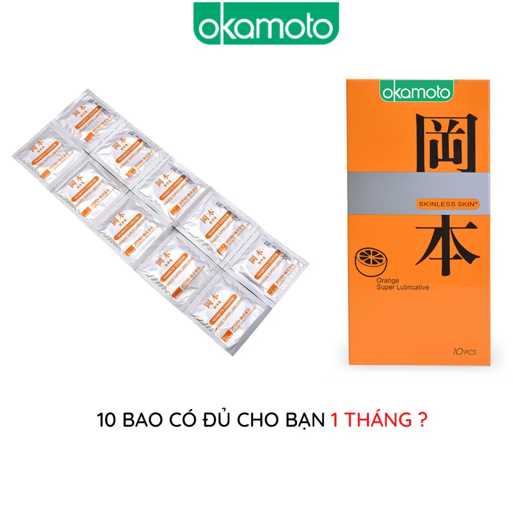 Bao cao su OKAMOTO Hương Cam Skinless skin 10 bao/hộp trơn siêu mỏng chống tuột cao su tự nhiên Nhật Bản