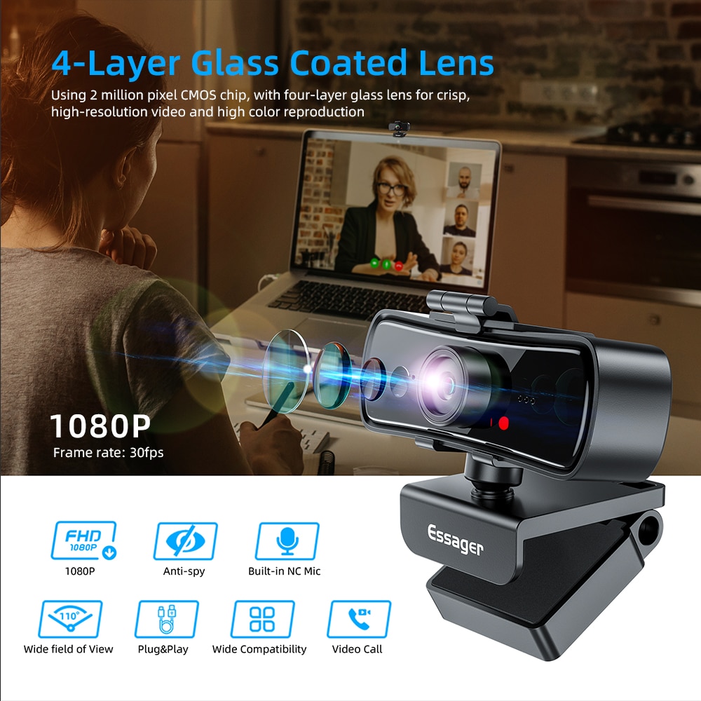 Webcam Essager C3 1080P Full HD Camera Cho Máy Tính PC Có Cổng USB Với Micrô Tự Động Lấy Nét