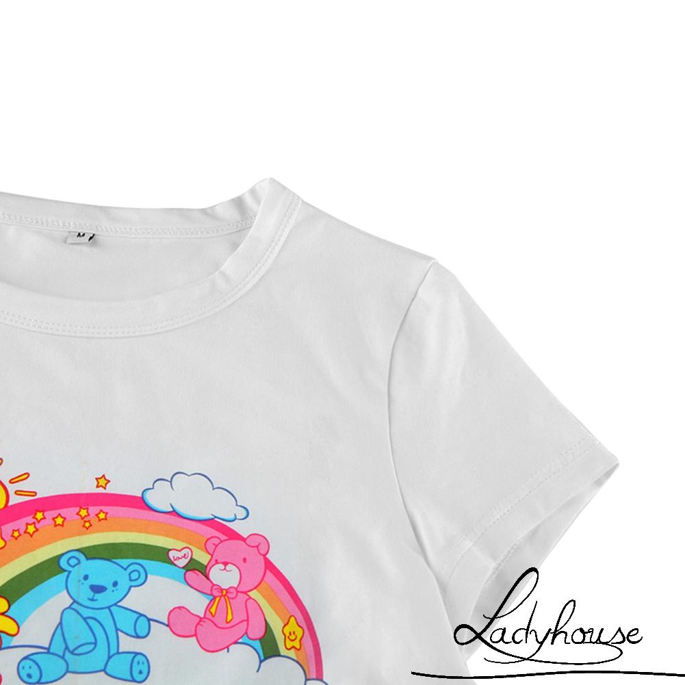 Áo Thun Tay Ngắn Dáng Ôm In Họa Tiết Gấu Màu Cầu Vồng Dễ Thương Thời Trang Mùa Hè Cho Nữ