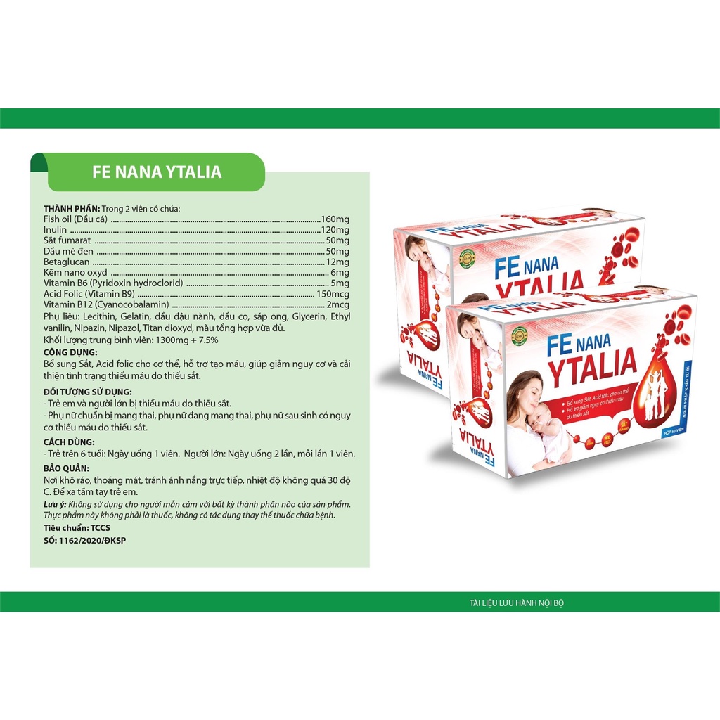 Viêu Fe Nana Ytalia bổ sung sắt và acid folic, giảm thiếu máu do thiếu sắt, hỗ trợ quá trình tạo máu hộp 60 viên dạng vỉ