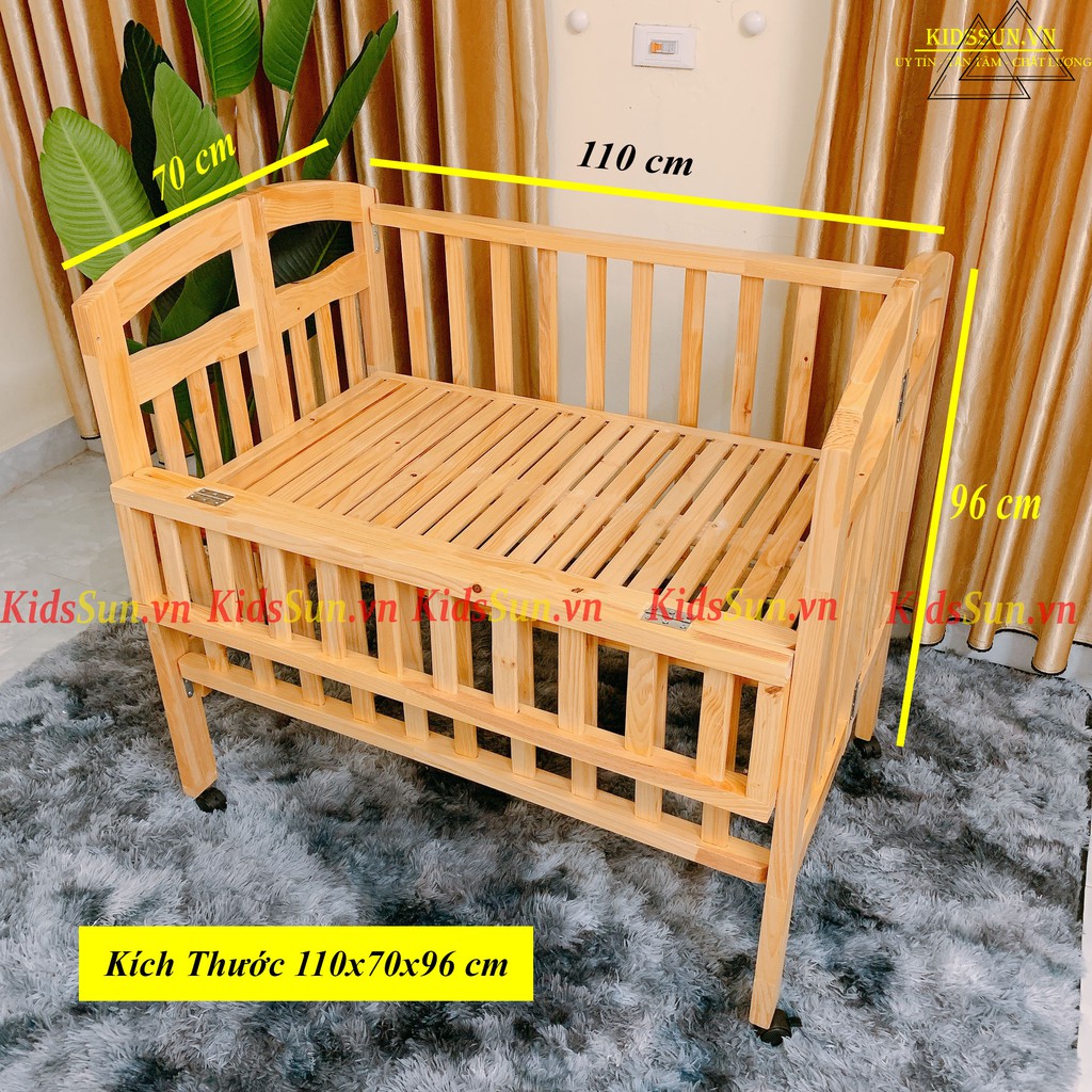 Cũi Gỗ Thông BabySun Giường Cũi Cho Bé Từ 0 - 4 Tuổi Màu Tự Nhiên Kích Thước [110x70x96] BH 12 Tháng Hàng Xuất Khẩu