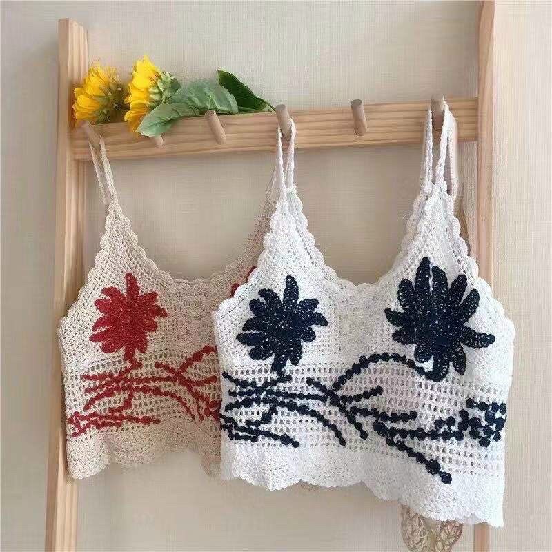 Áo 2 dây len sợi thêu hoa cọ nổi bật