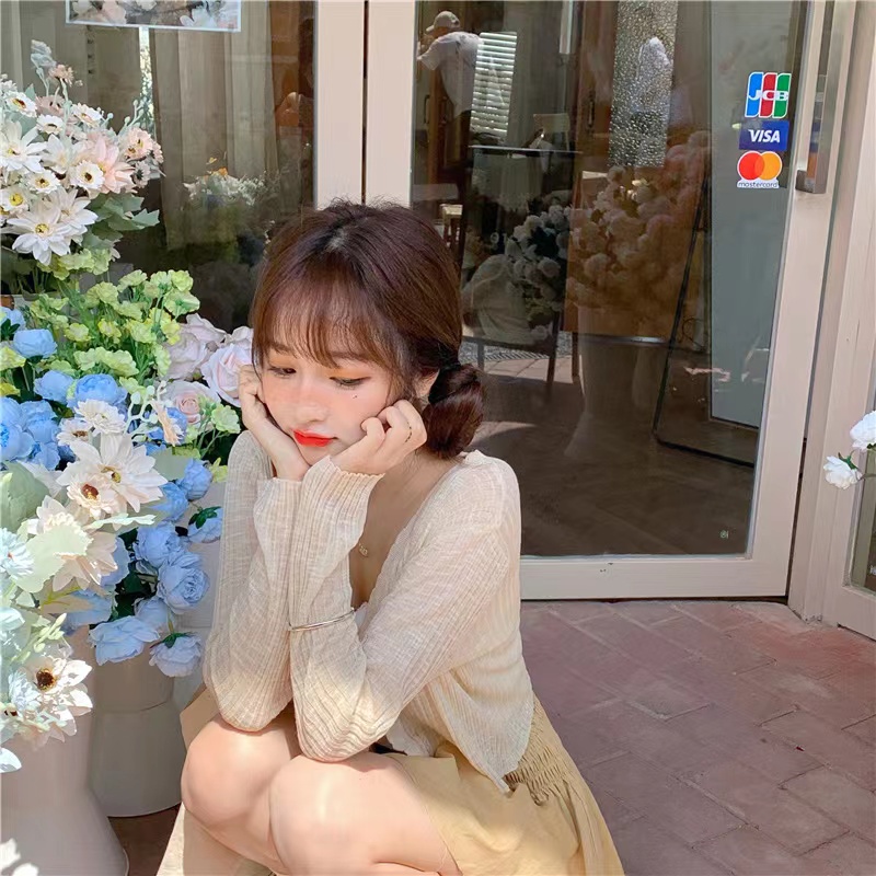 【Hana and Alice】Áo Khoác Cardigan Dệt Kim Vải Lụa Lạnh Tay Dài Chống Nắng Nhẹ Nhàng Kẻ Sọc Màu Trắng Mùa Hè Cho Nữ