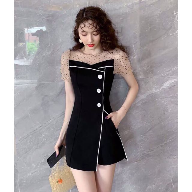 HÀNG NHẬP - SÉT ĐÙI THUN ÁO FORM DÀI CỔ PHỐI LƯỚI CHẤM BI
