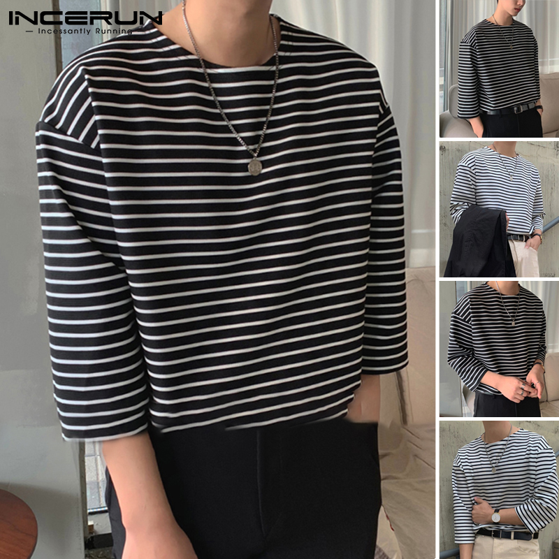 Áo INCERUN Tay Lỡ Cổ Tròn Dáng Rộng Họa Tiết Kẻ Sọc Thời Trang Mùa Hè Cho Nam | BigBuy360 - bigbuy360.vn