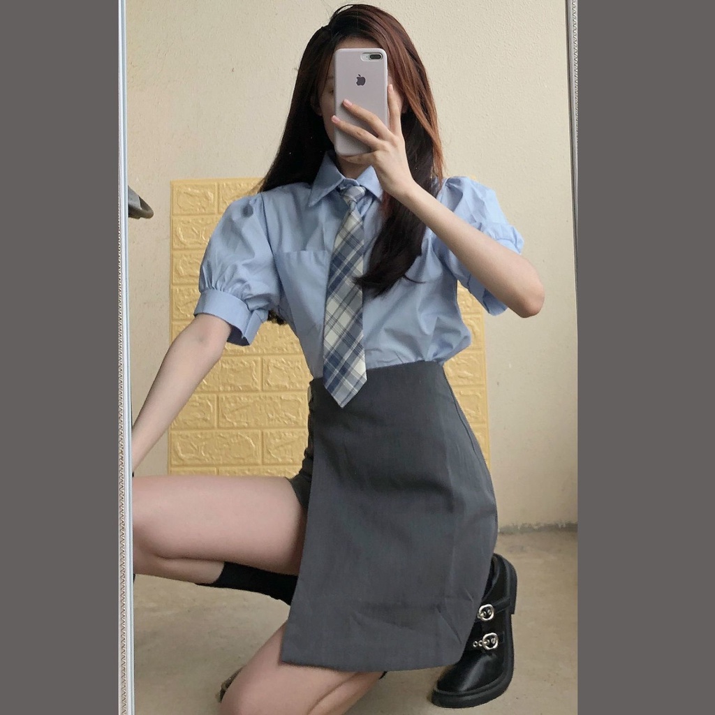 Set Áo Tay Phồng Màu Xanh Dương + Chân Váy Bất Đối Xứng Phong Cách Hàn Quốc Cho Nữ