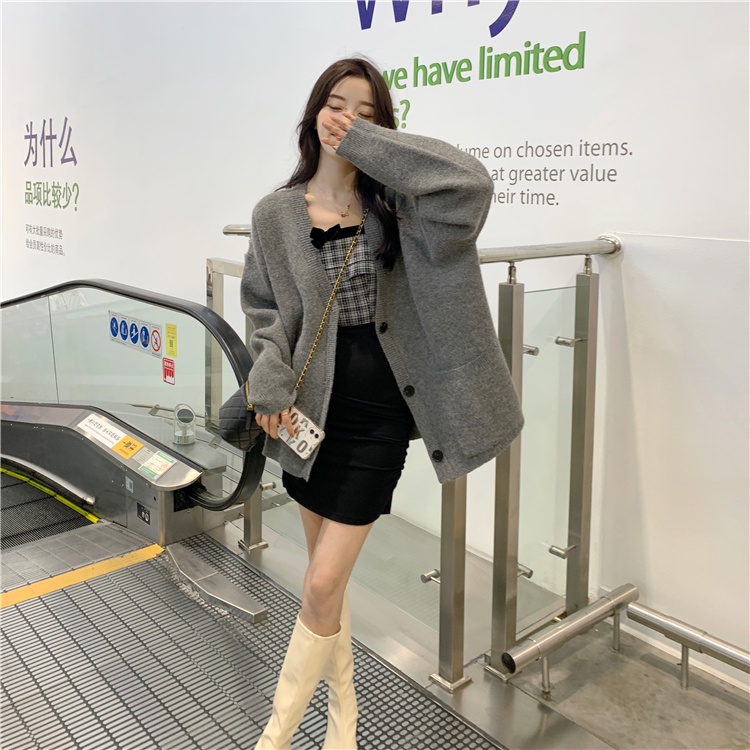 ZHELIHANGFEI Áo Cardigan Dệt Kim Tay Dài Cổ Chữ V Thiết Kế Dáng Rộng Thoải Mái