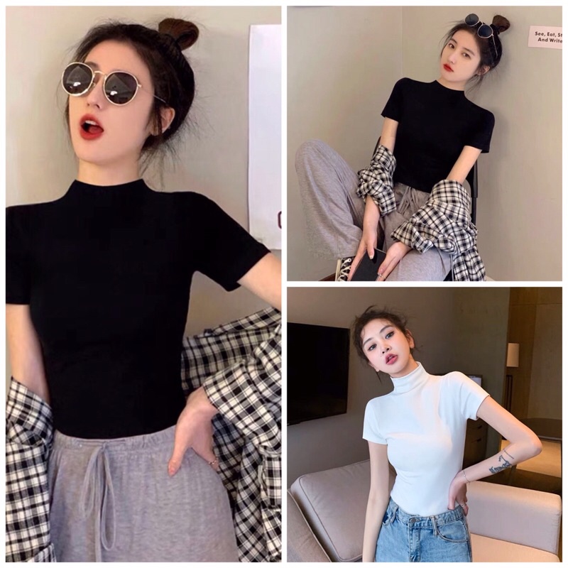 Áo thun croptop tay ngắn cổ lọ cho nữ ôm chuẩn dáng