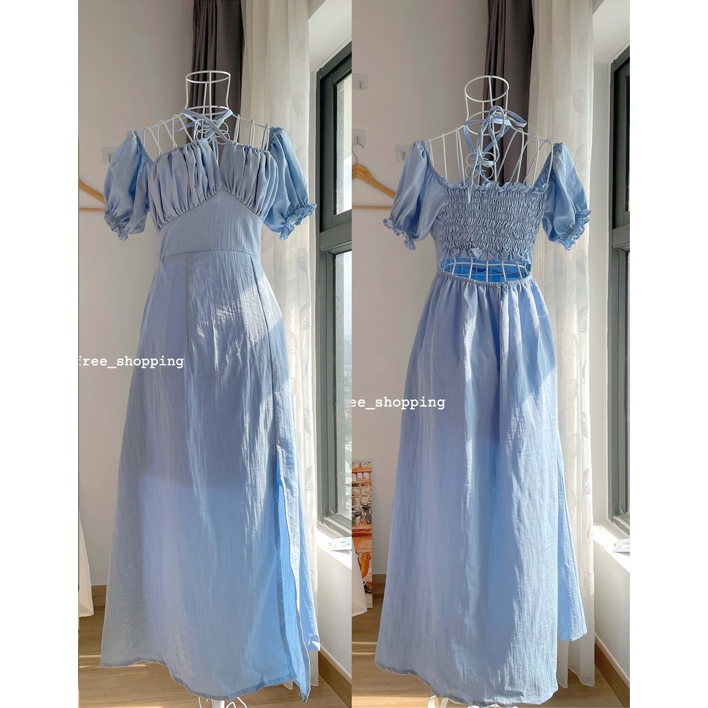 (Ảnh thật) Đầm Xanh Cổ Vuông Cúp Ngực Trễ Vai Eo Lưng 2 Lớp Mặc Đi Tiệc, Đi Chơi, Kỷ Yếu D007