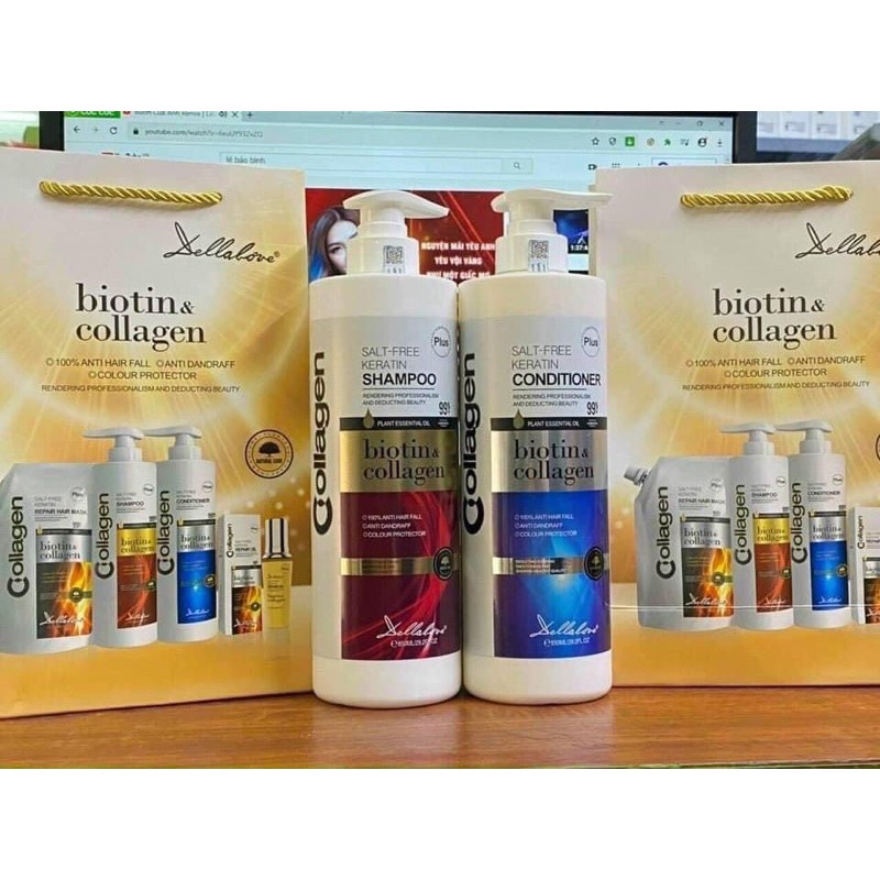Cặp Dầu Gôi Biotin Collagen Dellalove 850Ml Cao Cấp Siêu Phục Hồi Tóc, Kích Thích Mọc Tóc Hàng Chính Hãng