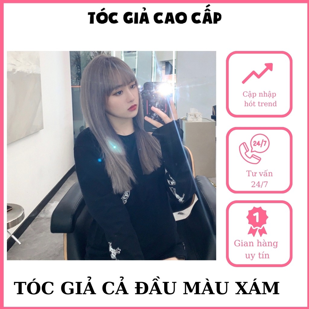 Tóc giả nguyên đầu nữ, thẳng lỡ xám nâu, tặng kèm lưới trùm tóc, wig