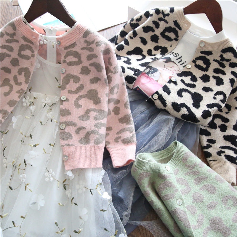 Áo Khoác Cardigan Dệt Kim In Họa Tiết Da Báo Thời Trang Xuân Thu Mới Cho Bé Gái