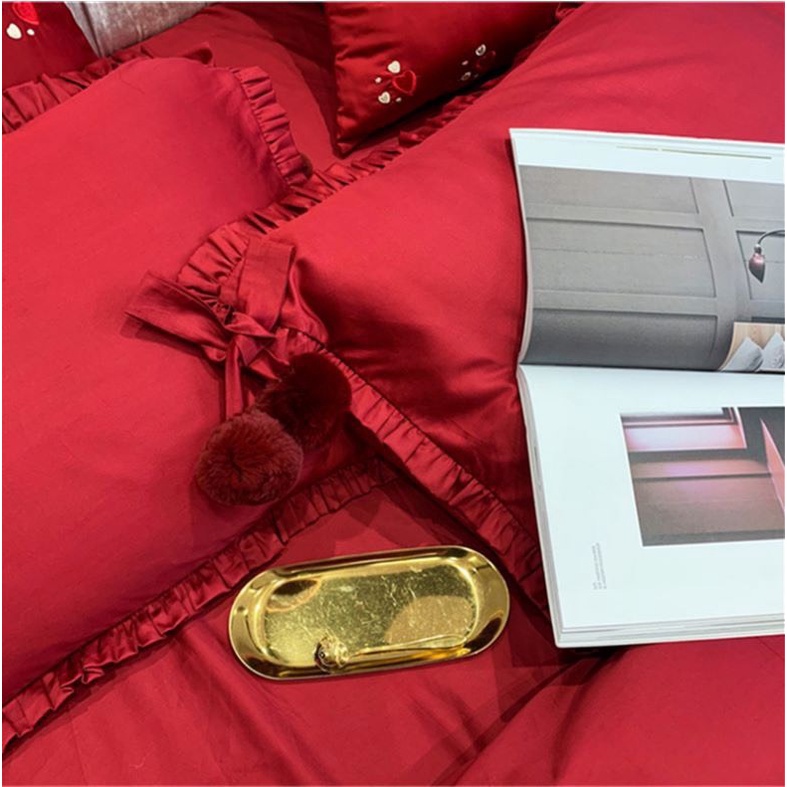 Bộ Chăn Ga Gối Lụa cưới  Kiss Me nơ bông Hàng Cao cấp Siêu Đẹp