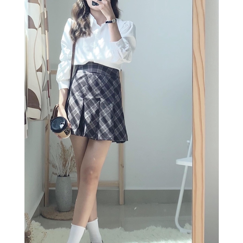 Chân váy xếp li họa tiết Caro lưng cao hack dáng phong cách nữ sinh Hàn Quốc - immin.h