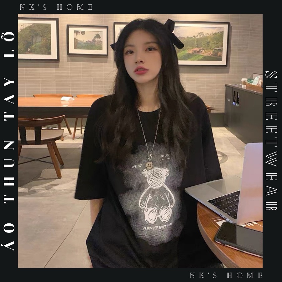 Áo thun tay lỡ unisex cho nam nữ phong cách hàn quốc in hình GẤU SURPRISE EVERYDAY thiết kế phom rộng