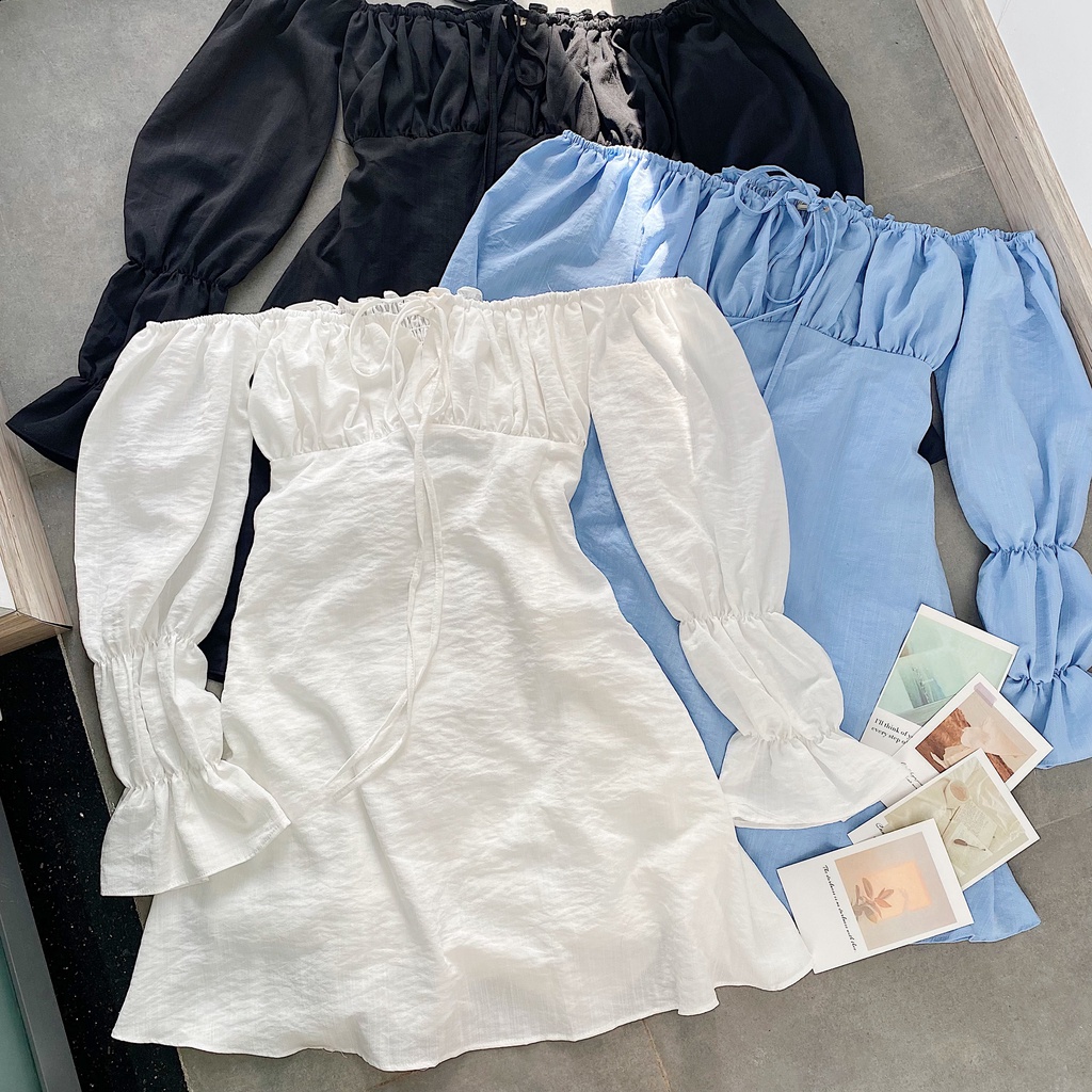 Đầm trễ vai đầm xòe đầm 2 lớp nơ lưng co giãn siêu xinh - OLIVIA DRESS