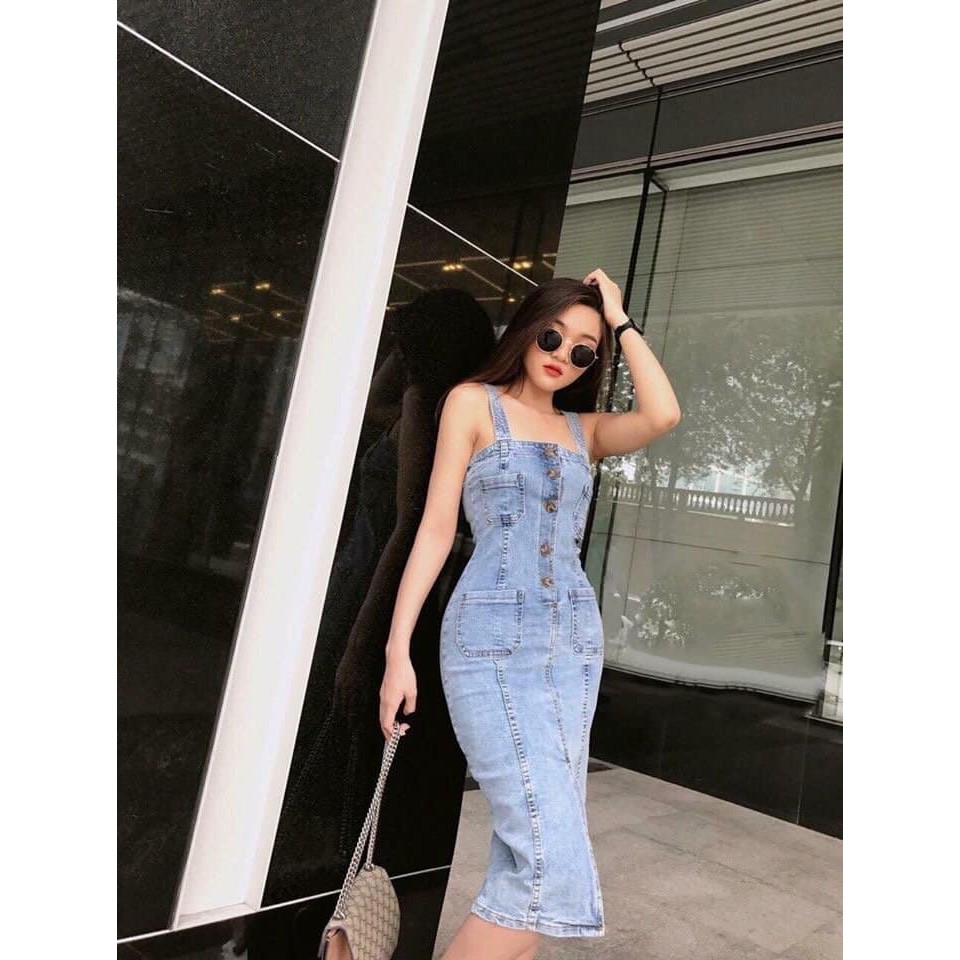 Đầm body jeans was hai dây phối nút