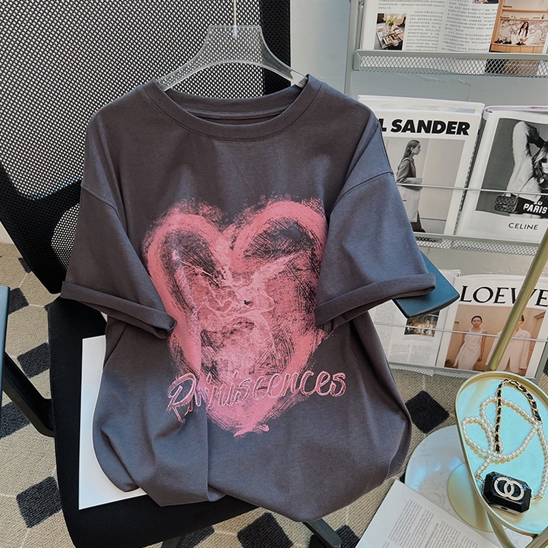 NRVP Áo thun cotton tay ngắn cổ tròn in hình trái tim thời trang mùa hè phong cách Hàn Quốc cho nữ