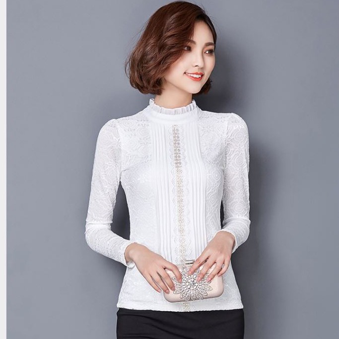 Áo kiểu hàng nhập cao cấp, áo tay dài phối ren hoa thời trang thu đông nữ