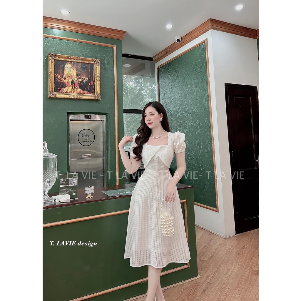 Đầm váy nữ dáng xòe dự tiệc cổ vuông tay phồng đính nút với 2 màu( xanh, trắng) sang chảnh, xinh xắn dành cho nàng