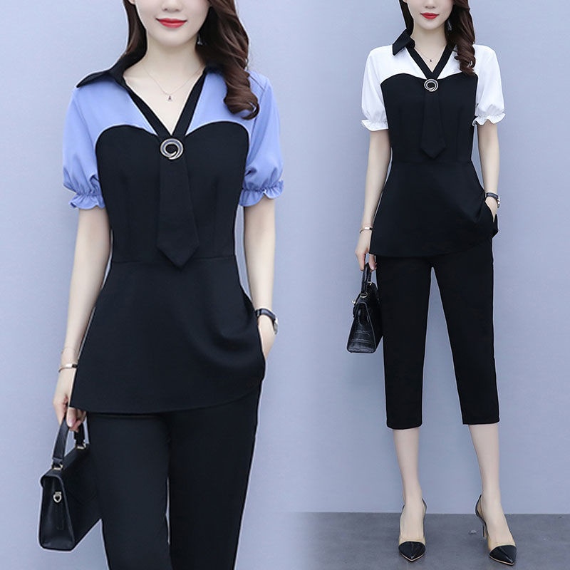 Bộ Trang Phục Hai Mảnh Gồm Áo Tay Ngắn Và Quần Cắt Eo Phong Cách Hàn Quốc Thời Trang Mùa Hè Kích Thước Lớn C8320