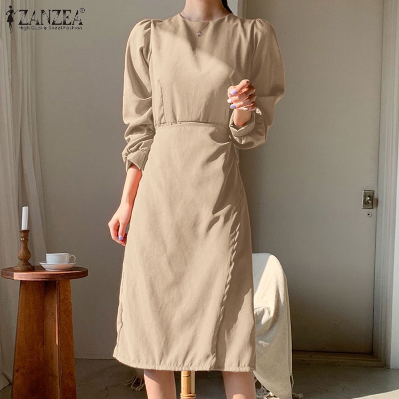 Đầm ZANZEA dài tay cổ tròn thời trang phong cách Hàn Quốc cho nữ
