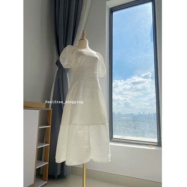 Đầm Váy Trắng Cổ Vuông Tay Ngắn Dáng Dài In Nổi 2 Lớp Mặc Đi Tiệc Đi Chơi (Hình Thật) D3283