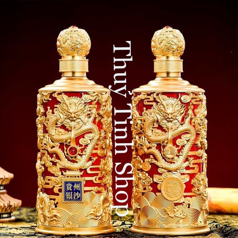 Bình Đựng Rượu Đế Vương 1,2l Màu Đỏ Khảm Rồng Quanh Bình