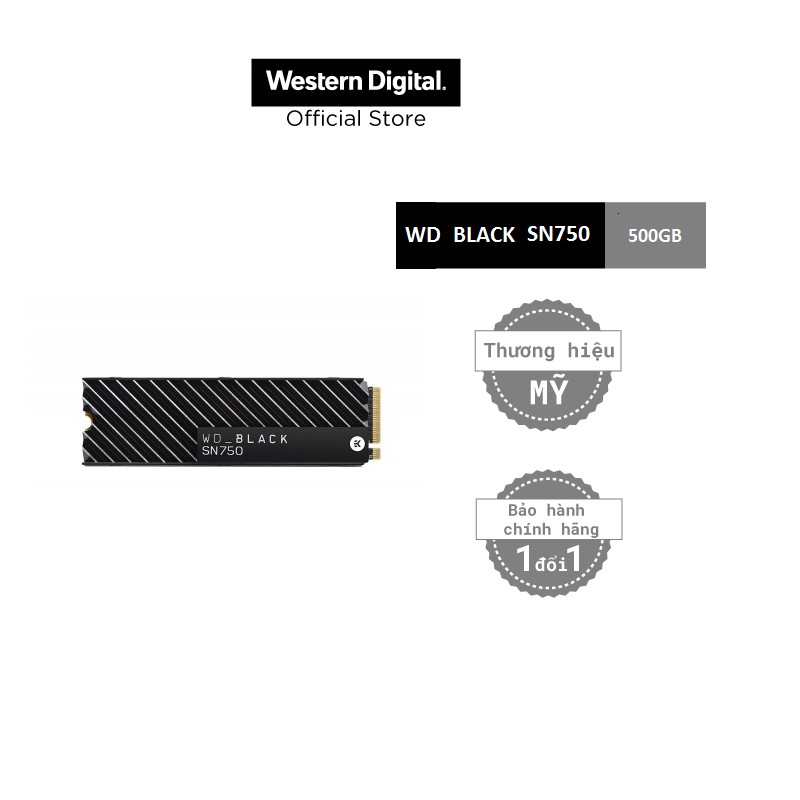 Ổ cứng gắn trong WD Black SN750 500GB internal gaming SSD with Heatsink - Gen3 PCIe NVMe (WDS500G3XHC)