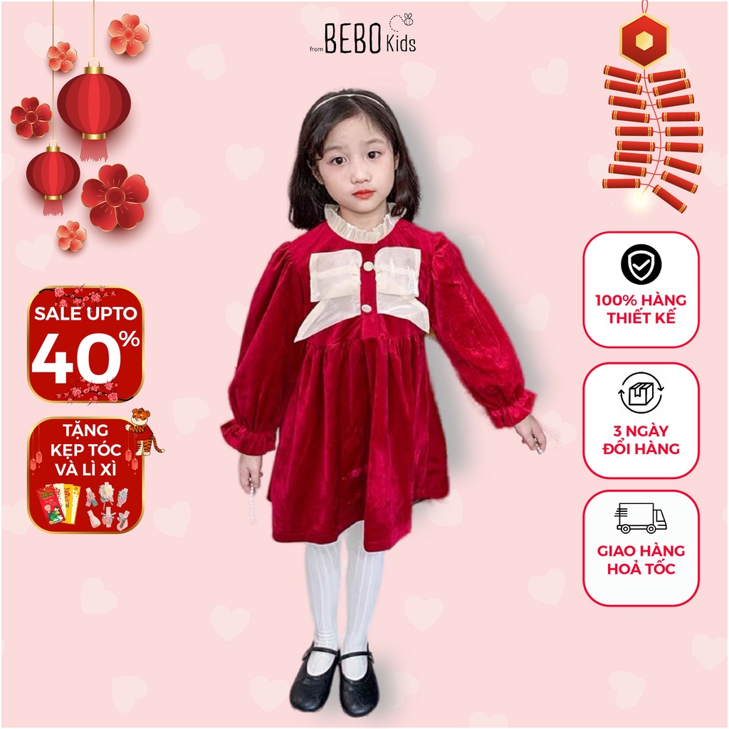 Váy đầm thiết kế công chúa mùa xuân siêu xinh cho bé gái kiểu dáng nhún ngực 10-22kg nhung len Đỏ/ Đen A02