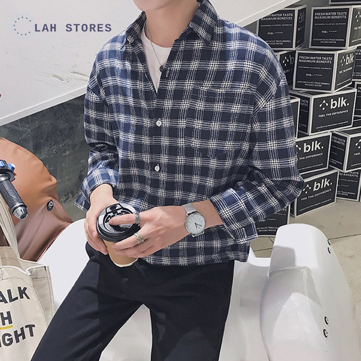 Áo sơ mi nam form rộng dài tay kẻ caro phong cách Hàn Quốc | BigBuy360 - bigbuy360.vn