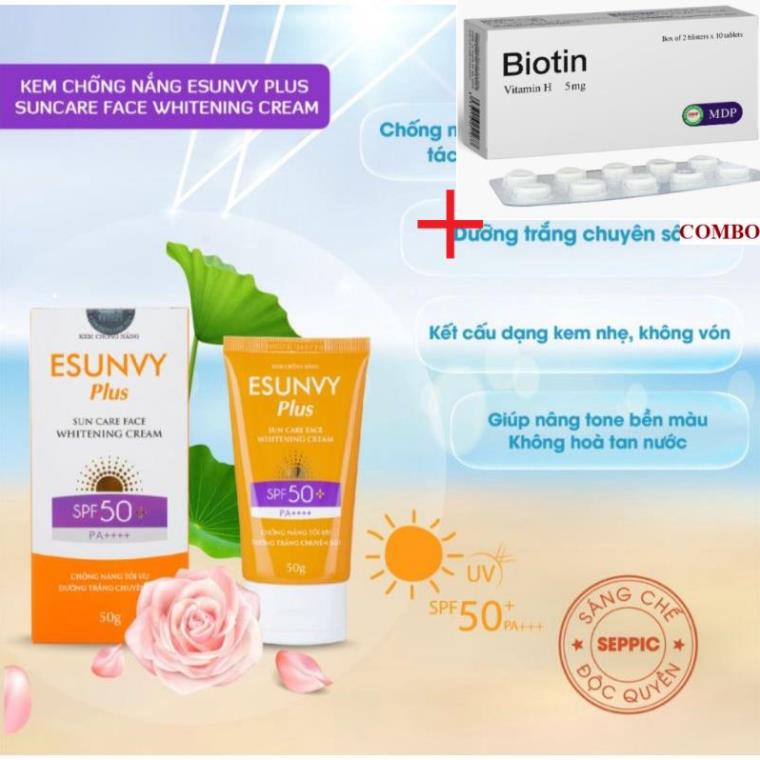 Combo Biotin 5mg+ Kem chống nắng dưỡng da esuvy spf 50+ tuýp 30g 50g