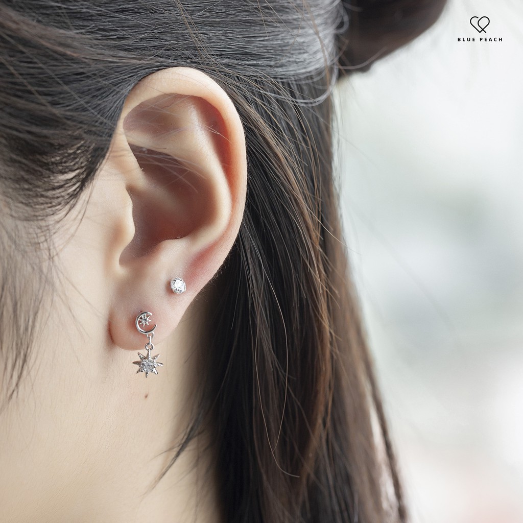 Khuyên Tai Bạc 925 Blue Peach 4 Chấu S KT368