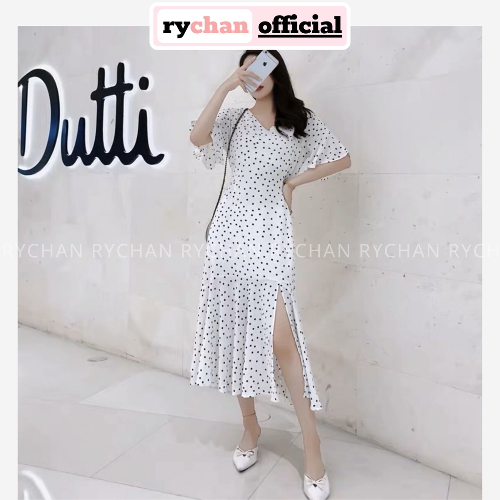 Đầm Maxi Đi Biển Xòe Chấm Bi Đuôi Cá Tay Loe Xẻ Tà Lót Trong Dày Dặn - DM013