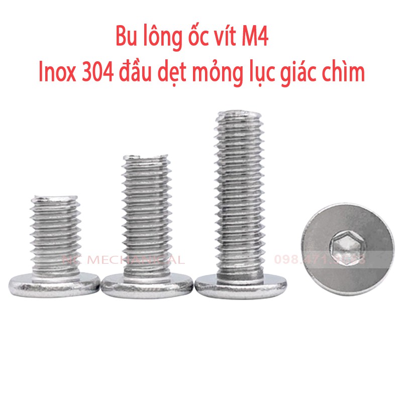 Bu lông ốc vít M4 Inox 304 đầu dẹt mỏng lục giác chìm