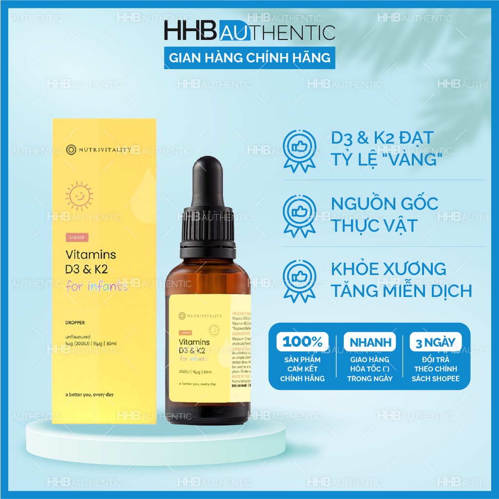 Vitamin D3 &amp; K2 MK7 Anh Nutrivitality UK 30ml giúp phát triển hệ xương, răng và tăng cường hệ miễn dịch - Xuất xứ UK