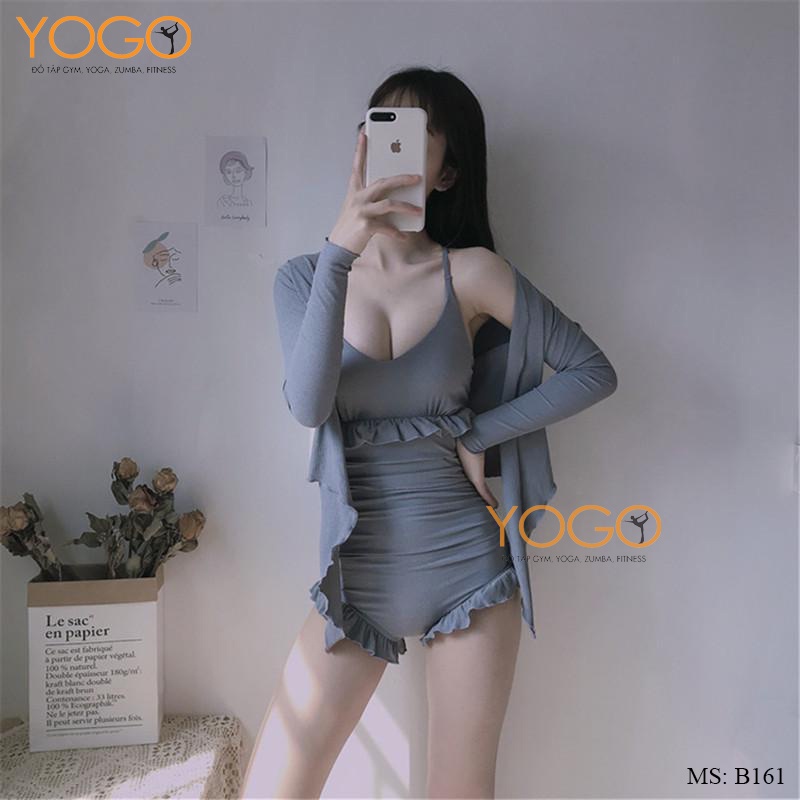 Bộ Đồ Bơi Bikini Nữ Hai Mảnh Liền Thân Tay Dài Nhúm Eo Trẻ Trung Phong Cách Hàn Quốc Mặc Đi Bơi Đi Biển YOGO B161