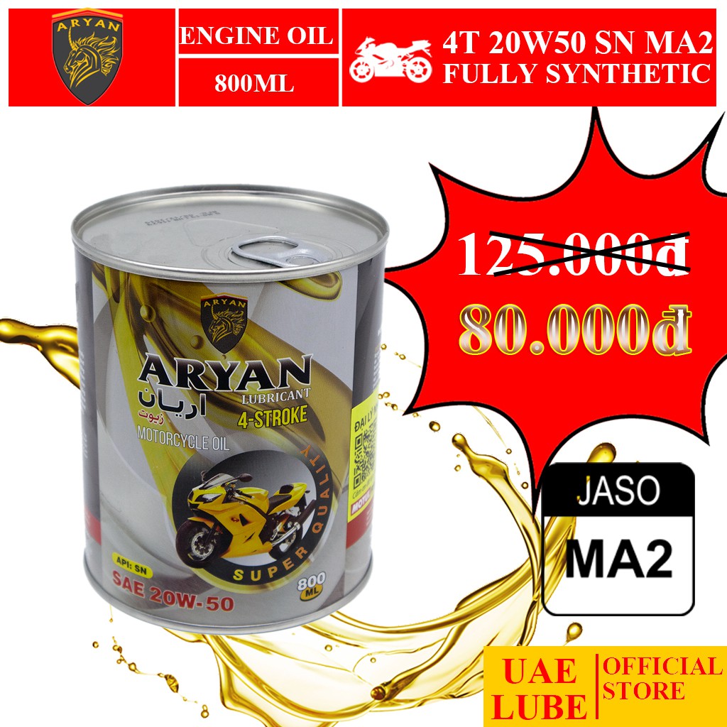 Nhớt Tổng Hợp ARYAN 20w50 800ml SN JASO MA2 - Dùng Cho Xe Mô Tô, Xe Số - ARYAN FULLY SYNTHETIC SAE 20W50 JASO MA2 API SN