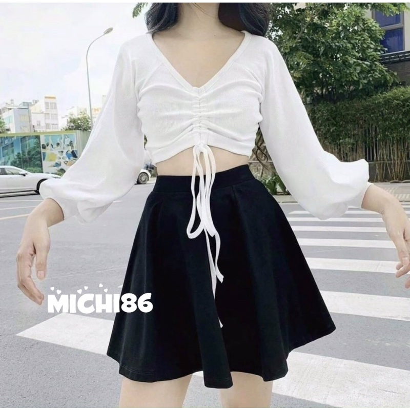 Áo croptop rút dây tay dài bo gấu tay bồng Michi chất đẹp, áo thun kiểu nữ