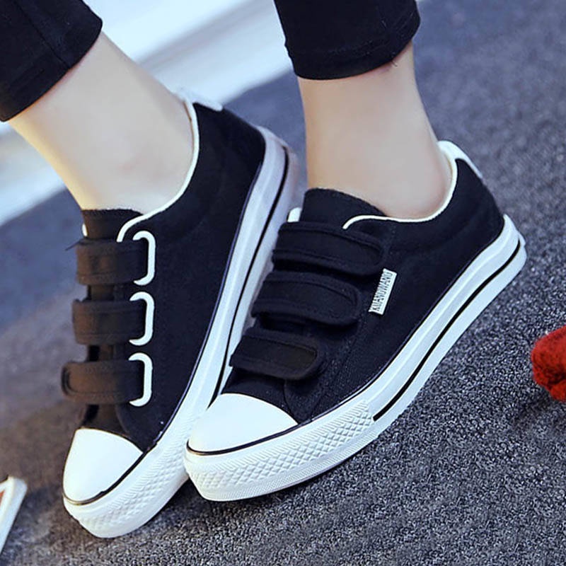 Giày Thể Thao Canvas Màu Đen Khóa Dán Thoáng Khí Phong Cách Hàn Quốc Thời Trang Mùa Hè Cho Nữ