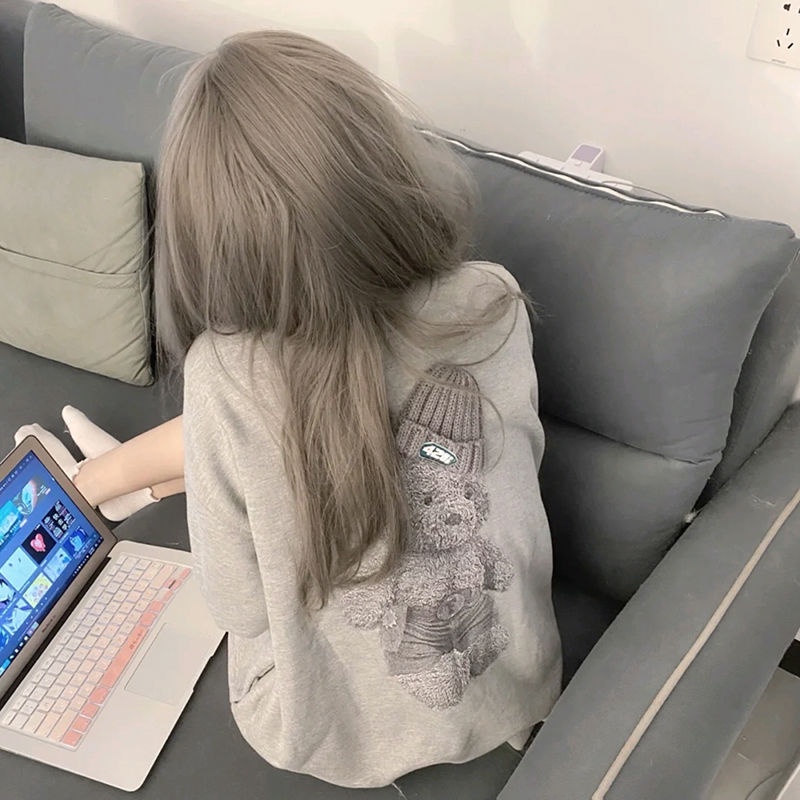 Áo sweater dáng rộng hình gấu phong cách Hàn Quốc thời trang mùa thu 2021 (2 loại màu xám tùy chọn)