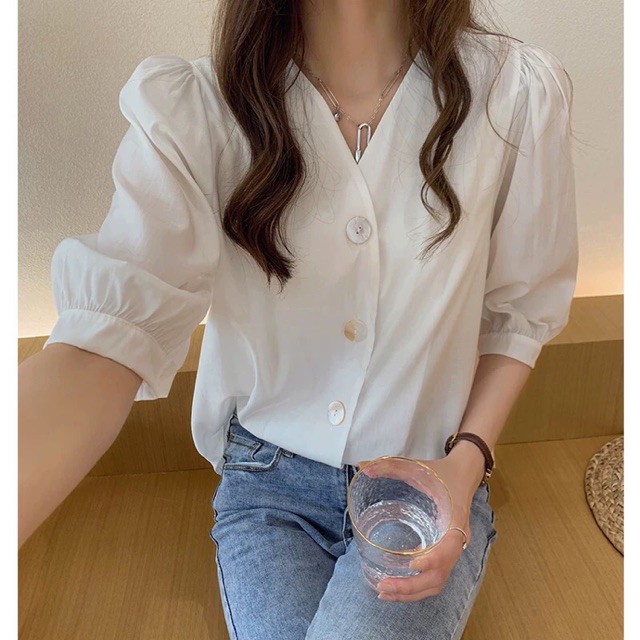 (Order) bigsize nhiều màu - áo sơ mi cổ V phối cúc to, vạt bầu, tay lỡ nhẹ nhàng thanh lịch basic
