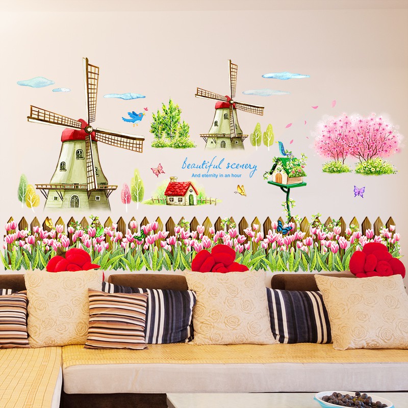 Decal dán tường hàng rào cối xay gió