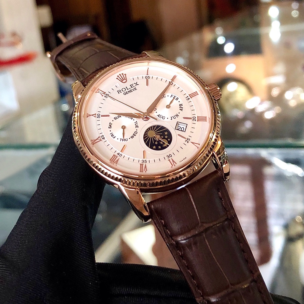 Đồng hồ Nam V789, mẫu 6 kim đính đá mặt trắng, nhiêu màu lựa chọn, dây da, dòng cơ Automatic size 40mm