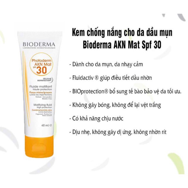 [CHÍNH HÃNG] Kem chống nắng cho da dầu mụn Bioderma AKN Mat 40ml