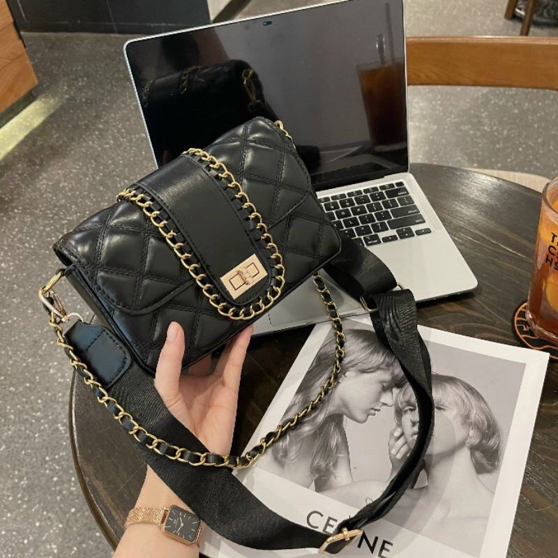 Túi đeo chéo kẹp nách nữ kèm dây da pha xích, dây bản to đi học đi chơi siêu đẹp